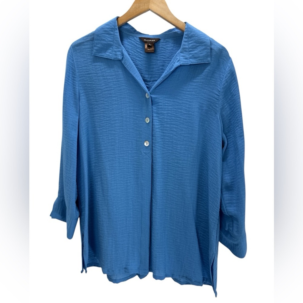 Multiples Blue Tunic Top Coastal Travel Blouse Resort Cruise Layering Large